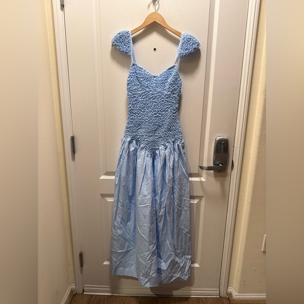S/W/F :CAP SLEEVE MOTTLED MAXI DRESS | SKY BLUE | SUSTAINABLE COTTON size S NWT - Picture 7 of 8